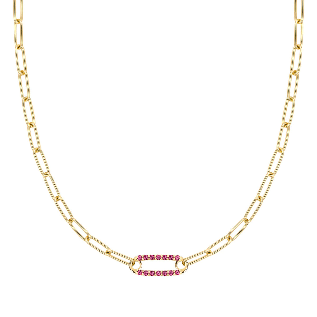 14k yellow gold Adelaide paperclip chain necklace featuring one link encrusted with 1.5 mm pavé rubies - front view