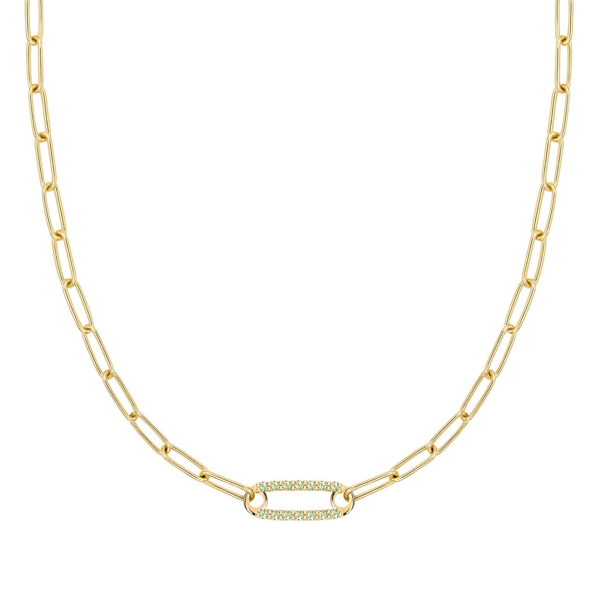 14k yellow gold Adelaide paperclip chain necklace featuring one link encrusted with 1.5 mm pavé peridots - front view