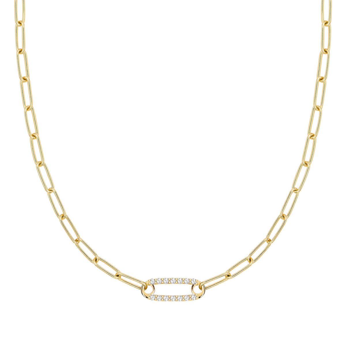 14k yellow gold Adelaide paperclip chain necklace featuring one link encrusted with 1.5 mm pavé white topaz - front view