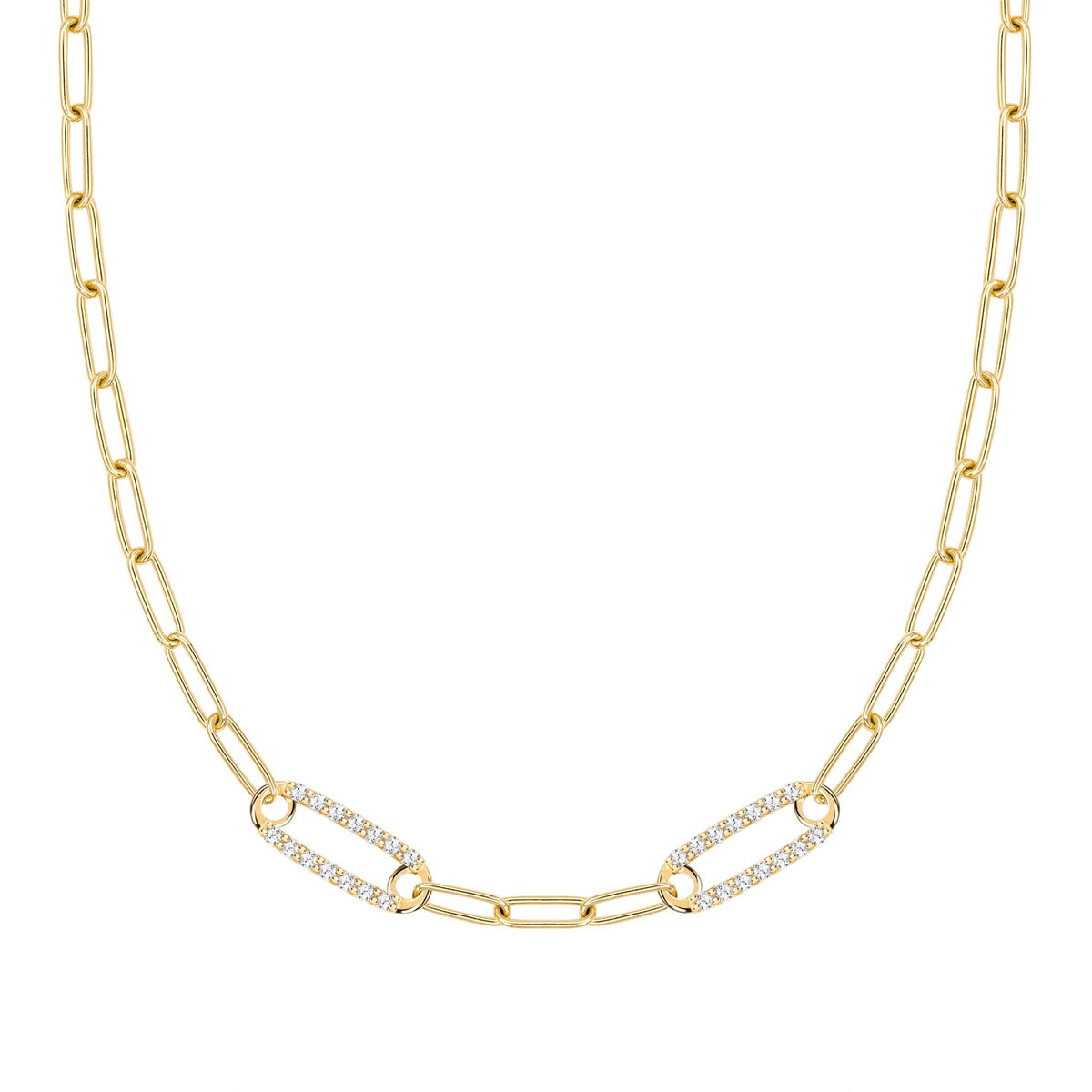 14k yellow gold Adelaide paperclip chain necklace featuring two links encrusted with 1.5 mm pavé white topaz - front view