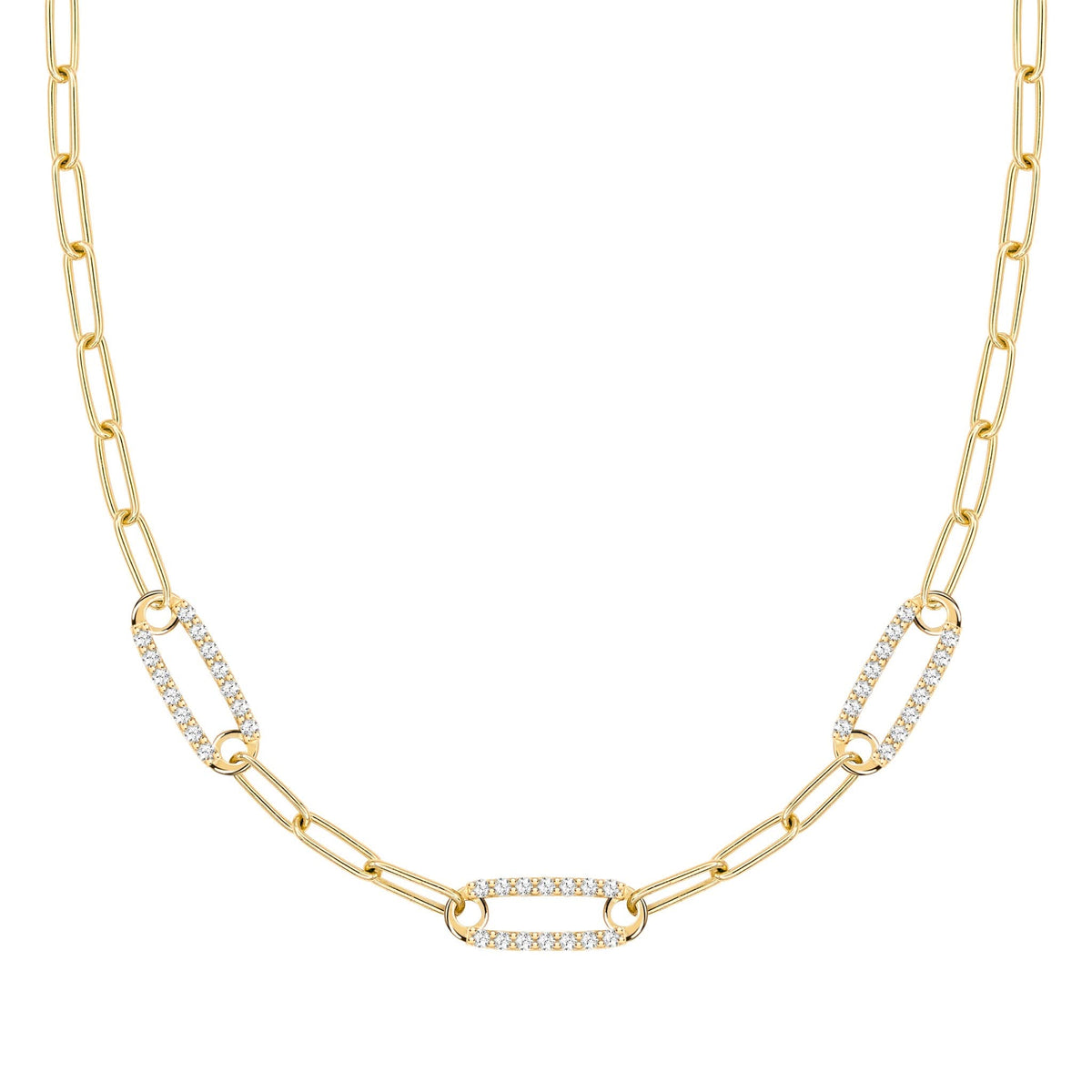 14k yellow gold Adelaide paperclip chain necklace featuring three links encrusted with 1.5 mm pavé white topaz - front view
