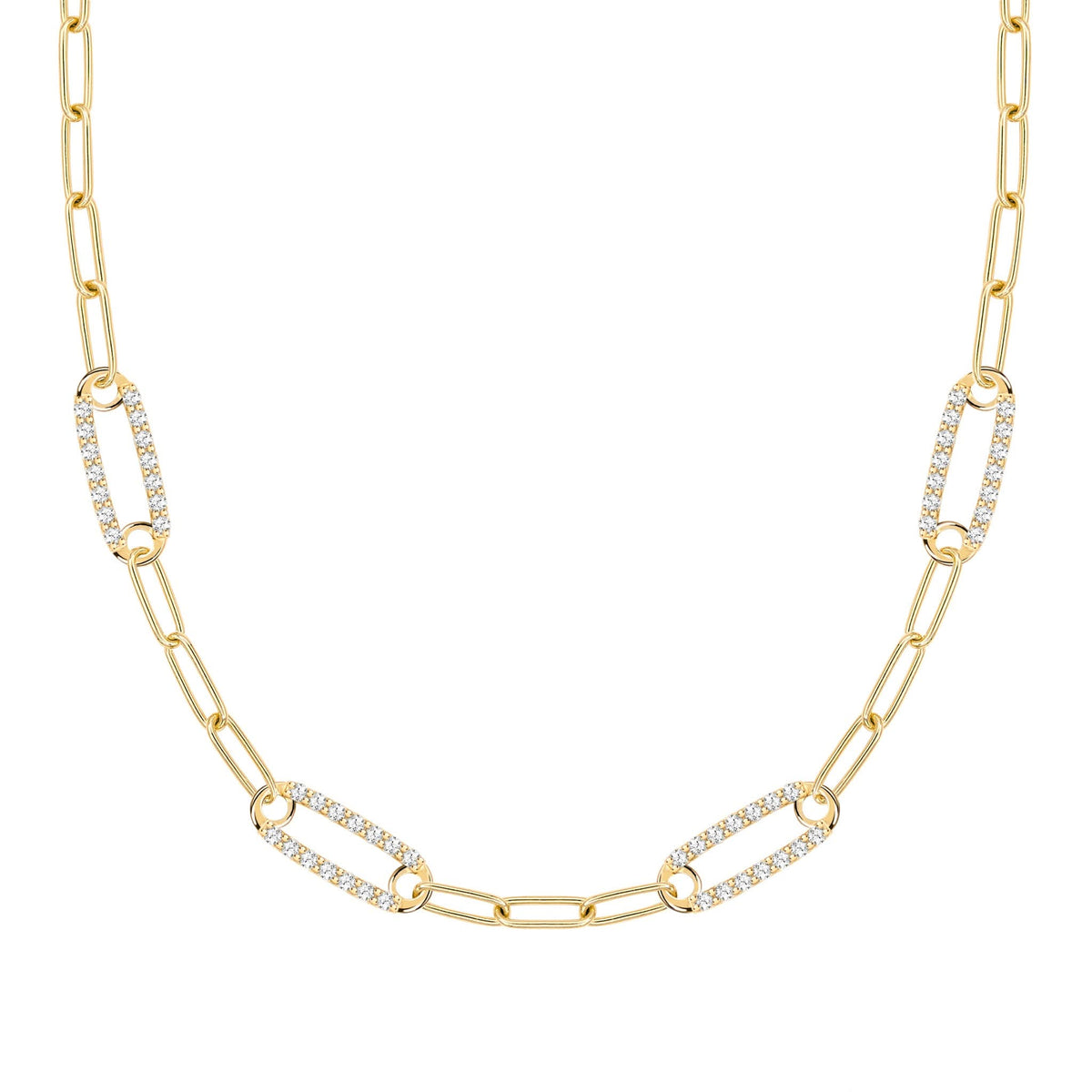 14k yellow gold Adelaide paperclip chain necklace featuring four links encrusted with 1.5 mm pavé white topaz - front view