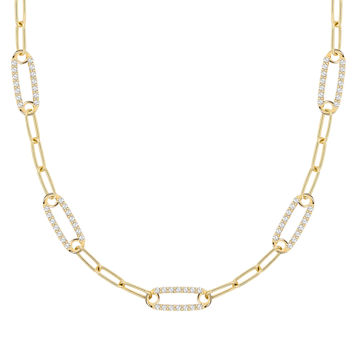 14k yellow gold Adelaide paperclip chain necklace featuring five links encrusted with 1.5 mm pavé white topaz - front view