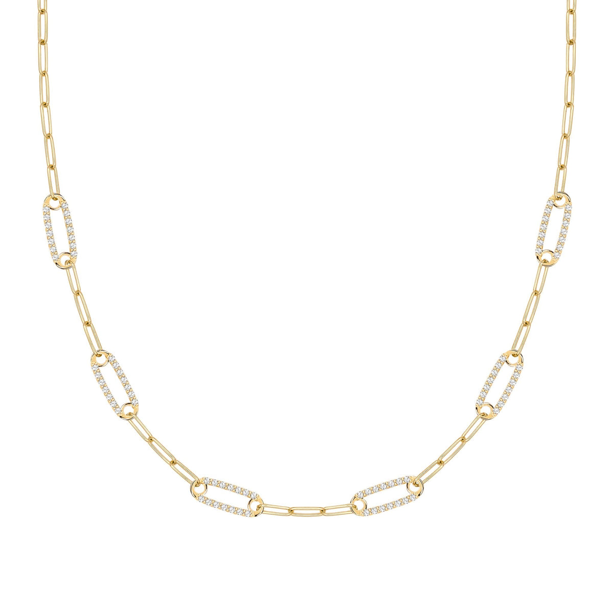 14k yellow gold Adelaide paperclip chain necklace featuring six links encrusted with 1.5 mm pavé white topaz - front view