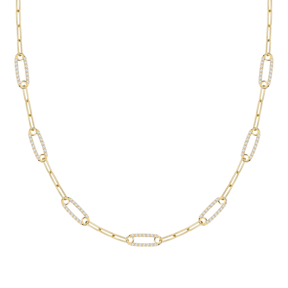 14k yellow gold Adelaide paperclip chain necklace featuring seven links encrusted with 1.5 mm pavé white topaz - front view
