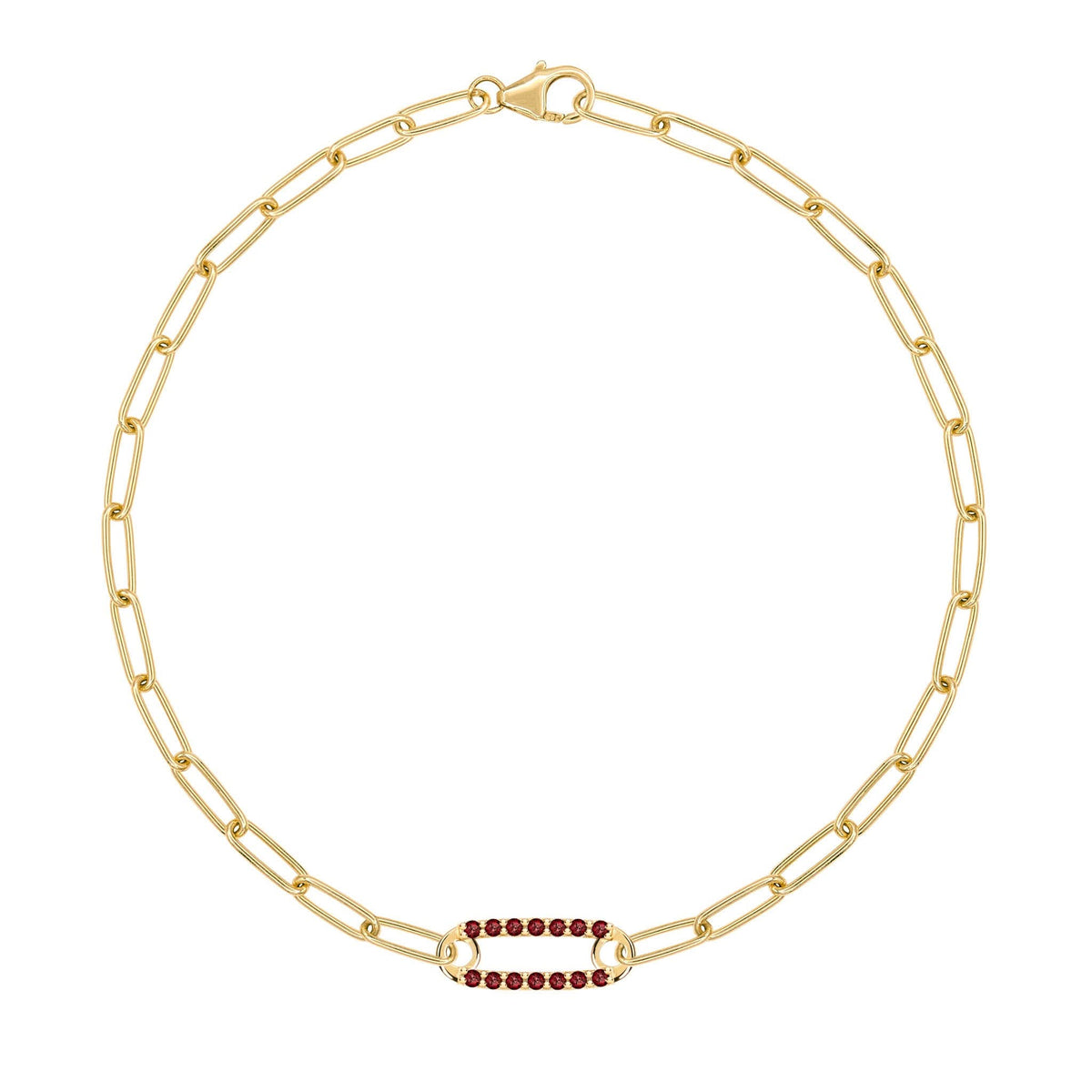 14k yellow gold Adelaide paperclip chain bracelet featuring one link encrusted with 1.5 mm pavé garnets - front view