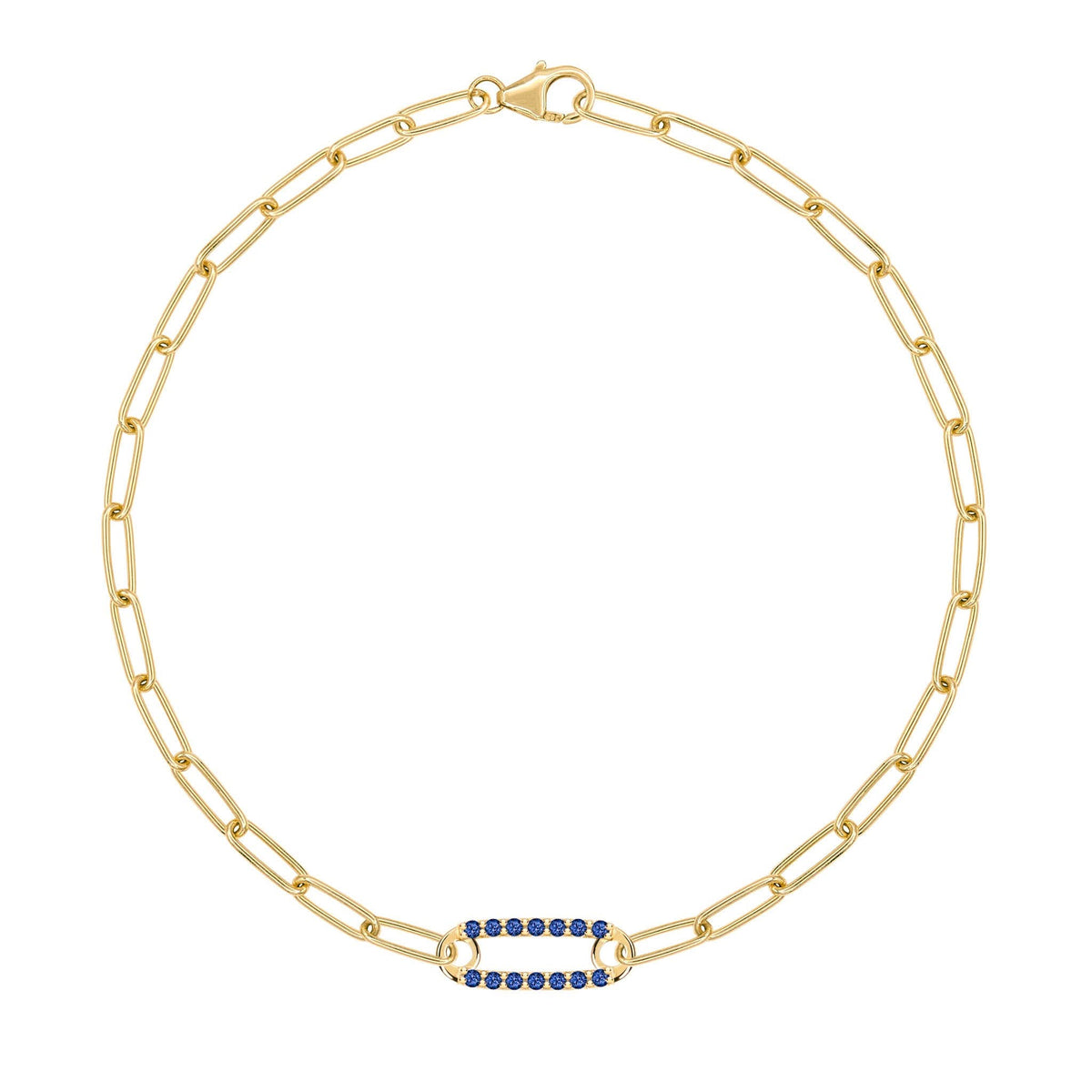 14k yellow gold Adelaide paperclip chain bracelet featuring one link encrusted with 1.5 mm pavé sapphires - front view