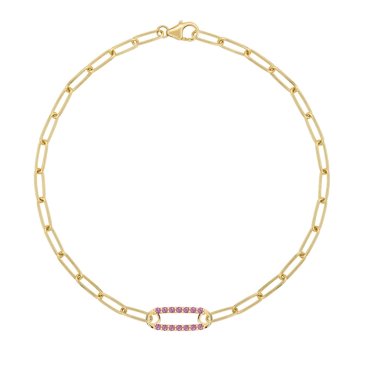 14k yellow gold Adelaide paperclip chain bracelet featuring one link encrusted with 1.5 mm pavé pink sapphires - front view