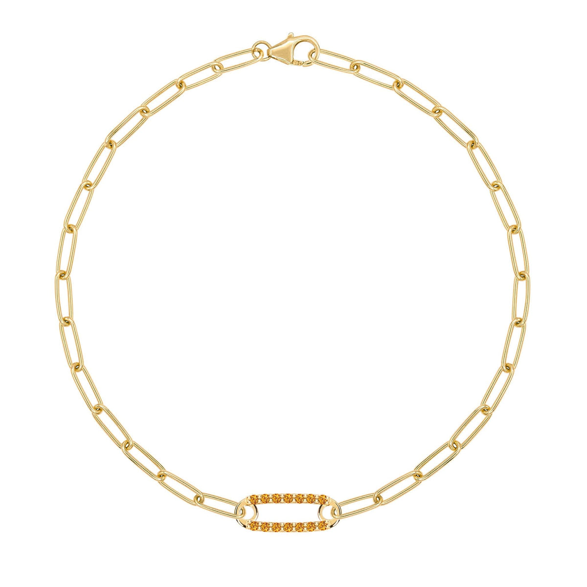 14k yellow gold Adelaide paperclip chain bracelet featuring one link encrusted with 1.5 mm pavé citrines - front view