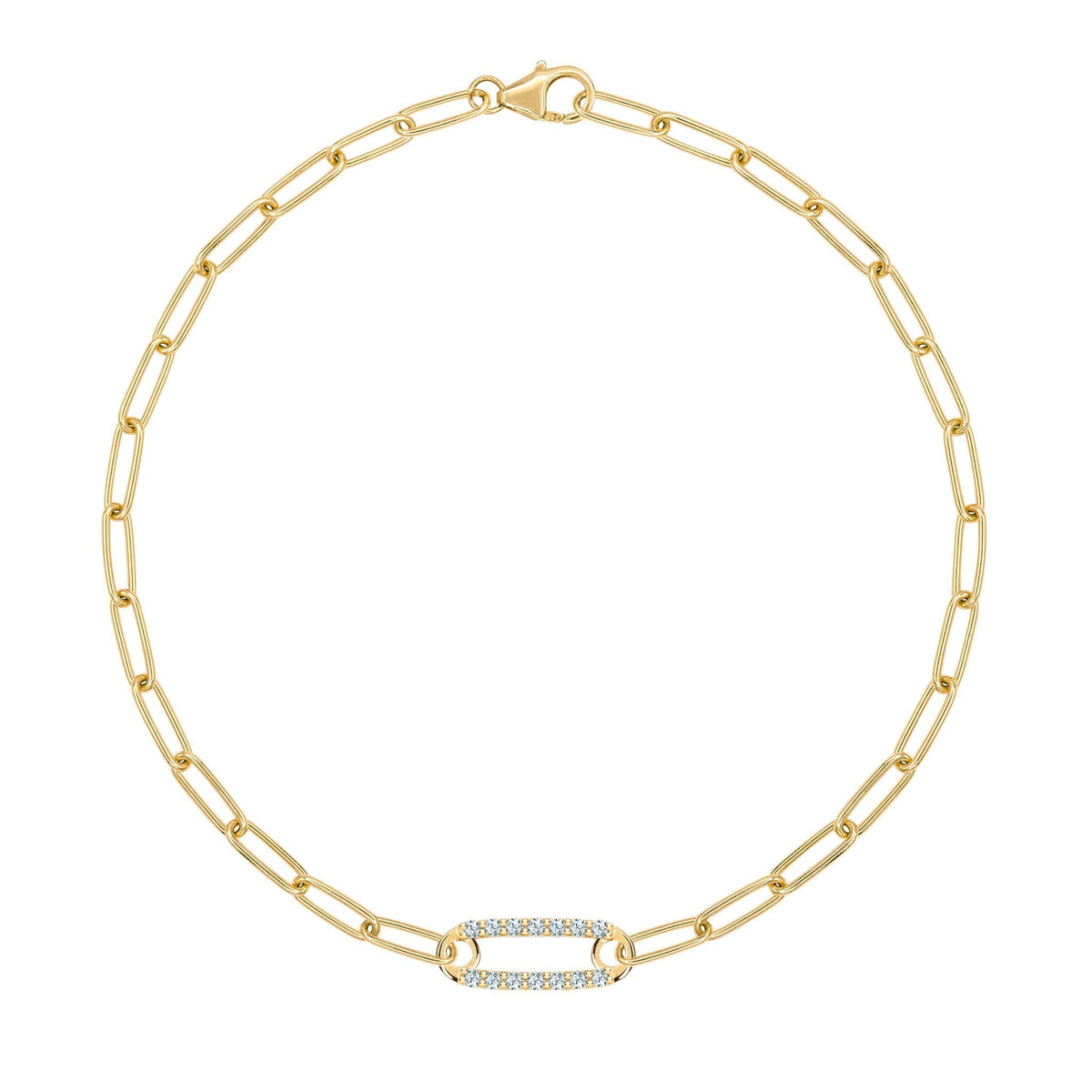 14k yellow gold Adelaide paperclip chain bracelet featuring one link encrusted with 1.5 mm pavé aquamarines - front view