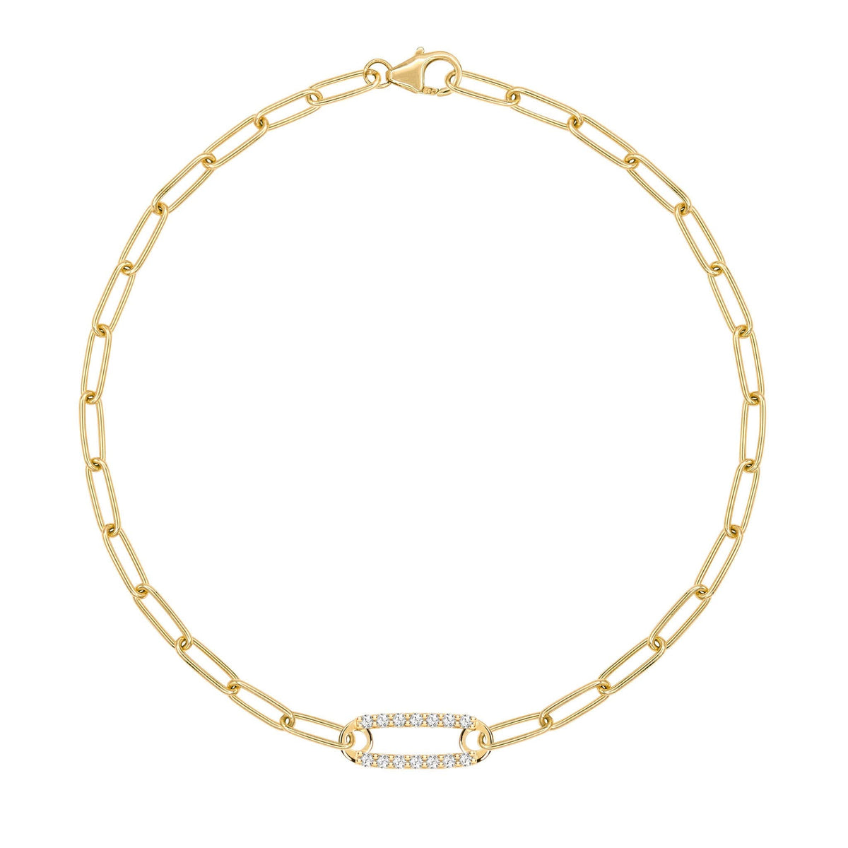 14k yellow gold Adelaide paperclip chain bracelet featuring one link encrusted with 1.5 mm pavé white topaz - front view