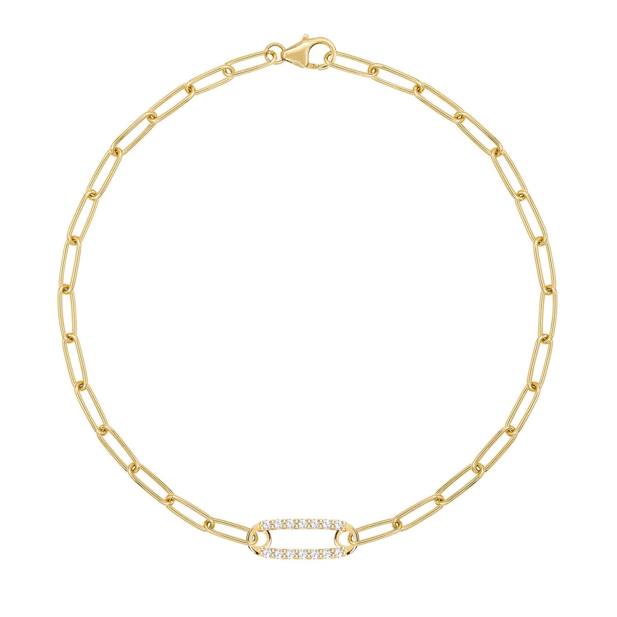14k yellow gold Adelaide paperclip chain bracelet featuring one link encrusted with 1.5 mm pavé diamonds - front view