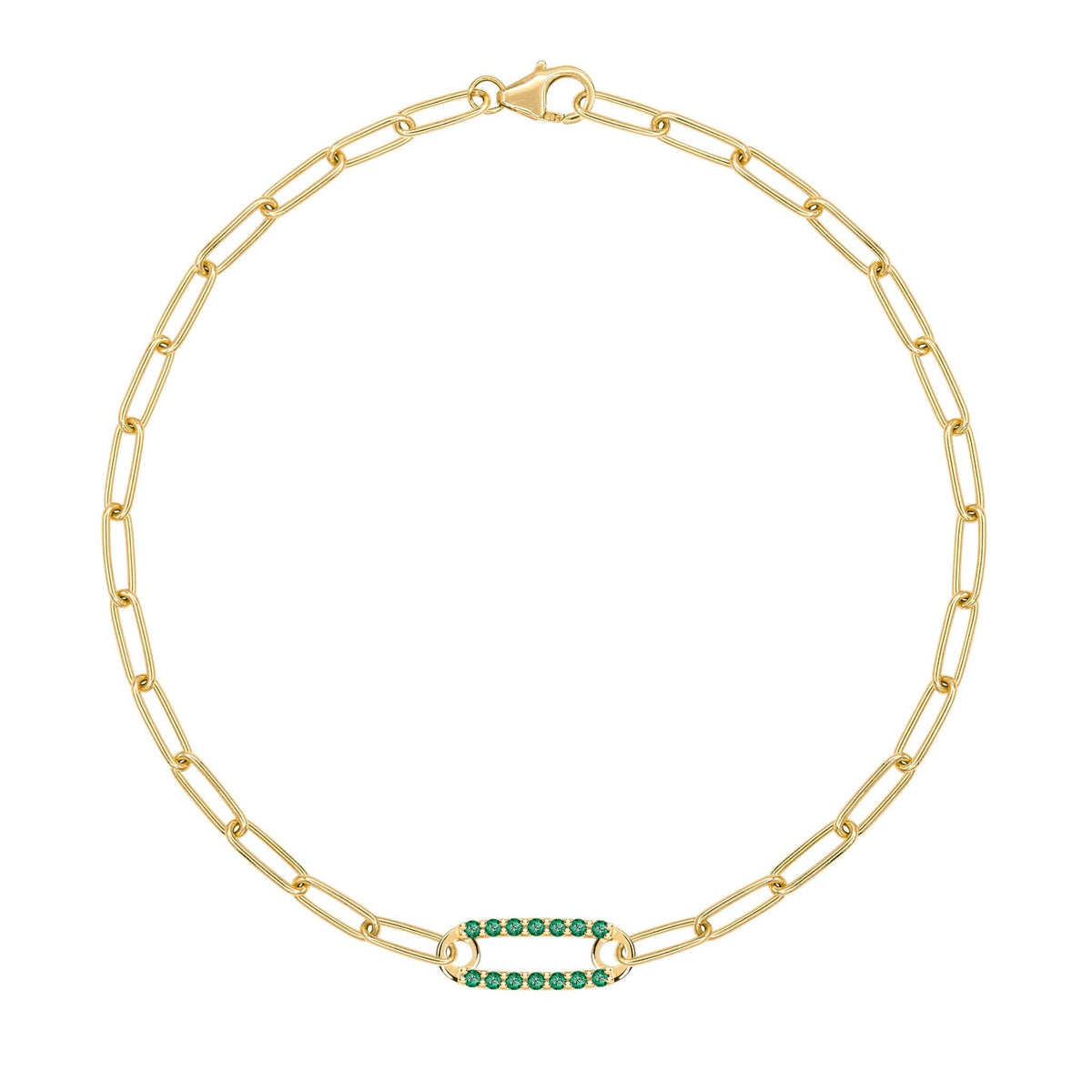 14k yellow gold Adelaide paperclip chain bracelet featuring one link encrusted with 1.5 mm pavé emeralds - front view