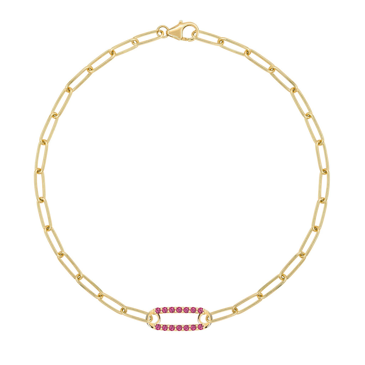 14k yellow gold Adelaide paperclip chain bracelet featuring one link encrusted with 1.5 mm pavé rubies - front view