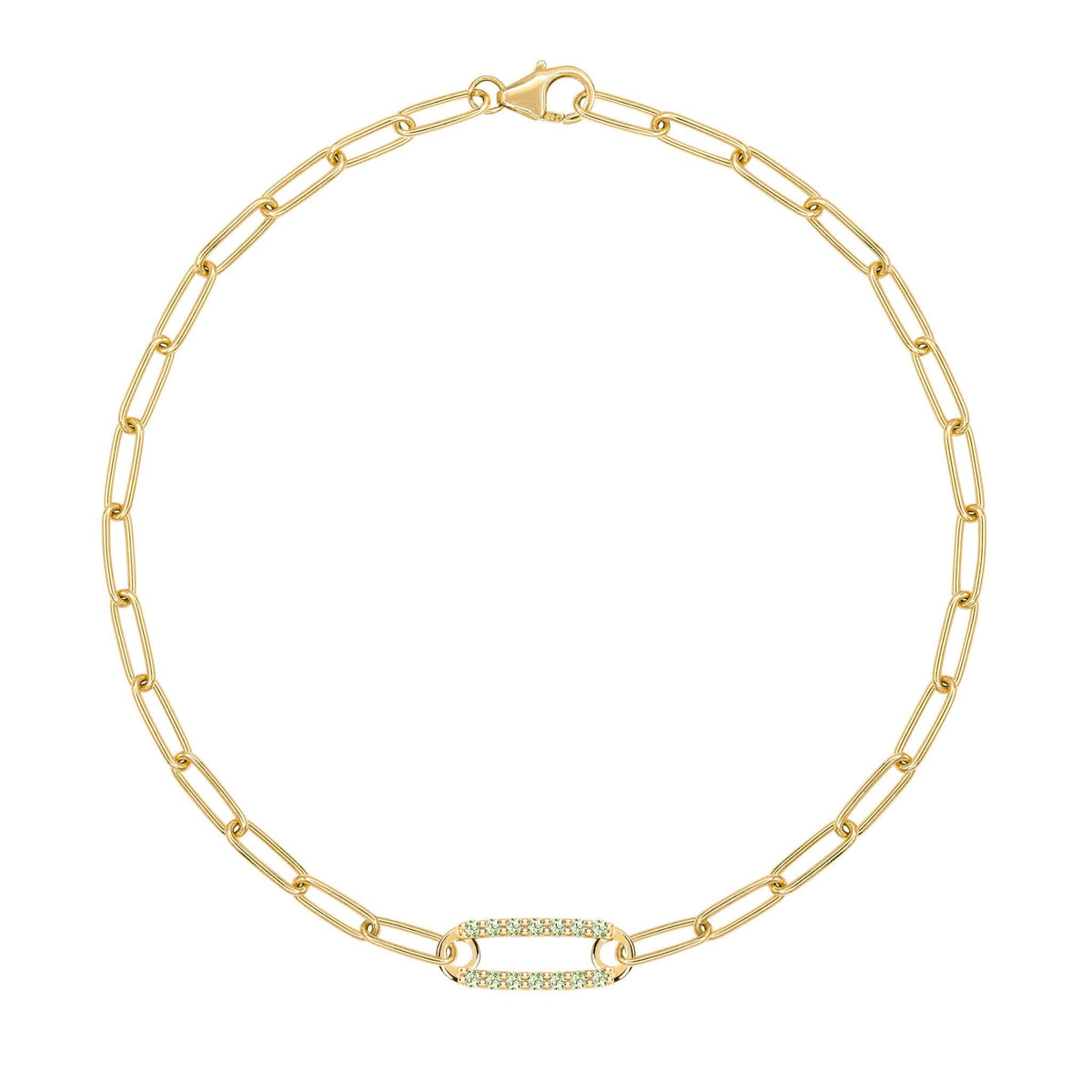 14k yellow gold Adelaide paperclip chain bracelet featuring one link encrusted with 1.5 mm pavé peridots - front view