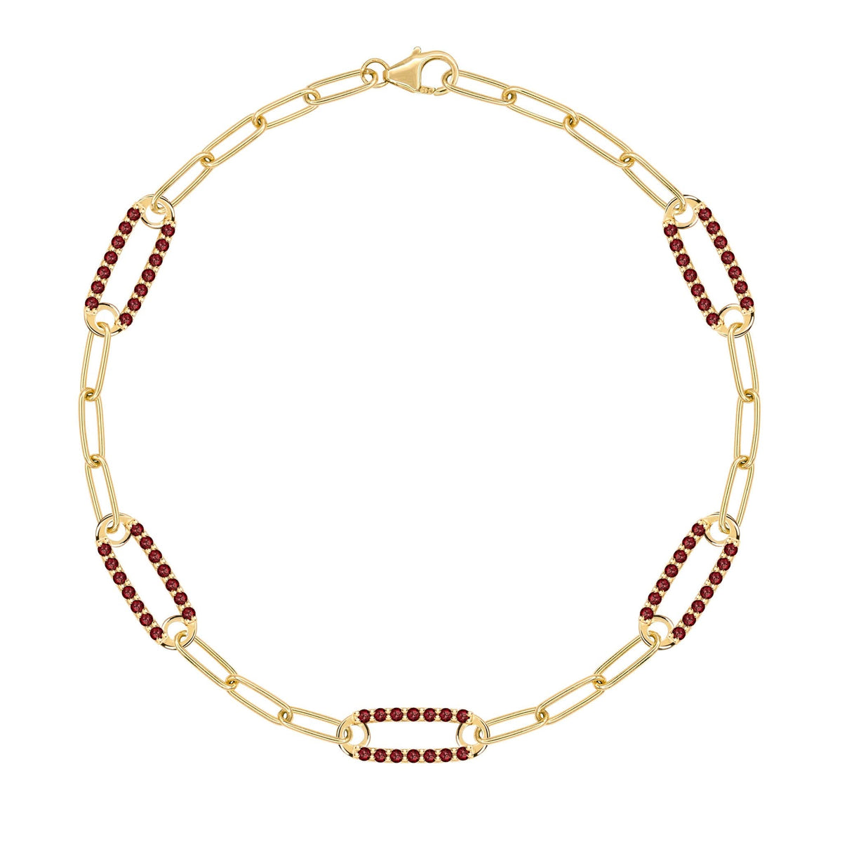 14k yellow gold Adelaide paperclip chain bracelet featuring five links encrusted with 1.5 mm pavé garnets - front view