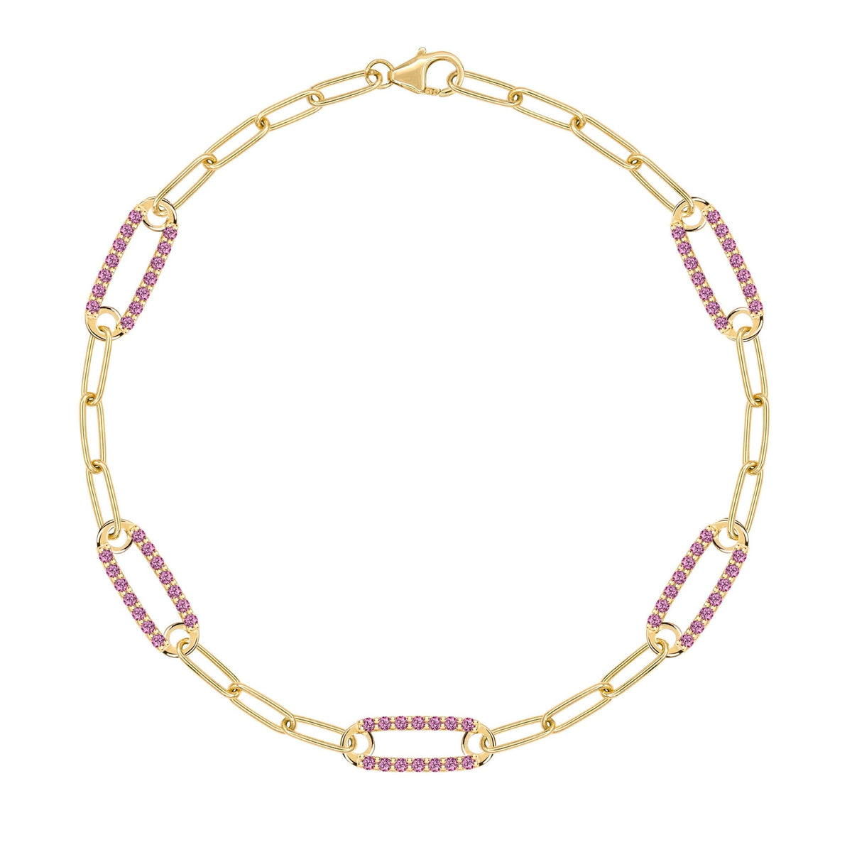 14k yellow gold Adelaide paperclip chain bracelet featuring five links encrusted with 1.5 mm pavé pink sapphires - front view