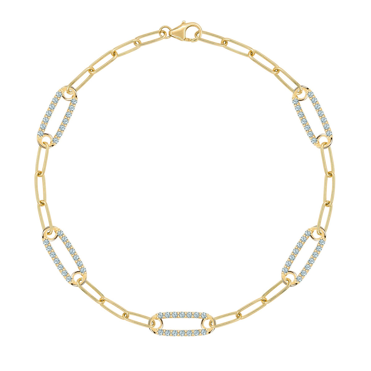 14k gold Adelaide paperclip chain bracelet featuring five links encrusted with 1.5 mm pavé Nantucket blue topaz - front view