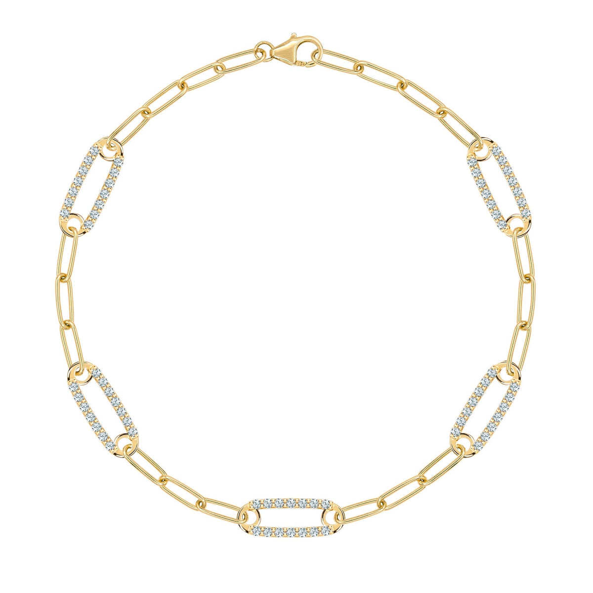 14k yellow gold Adelaide paperclip chain bracelet featuring five links encrusted with 1.5 mm pavé aquamarines - front view
