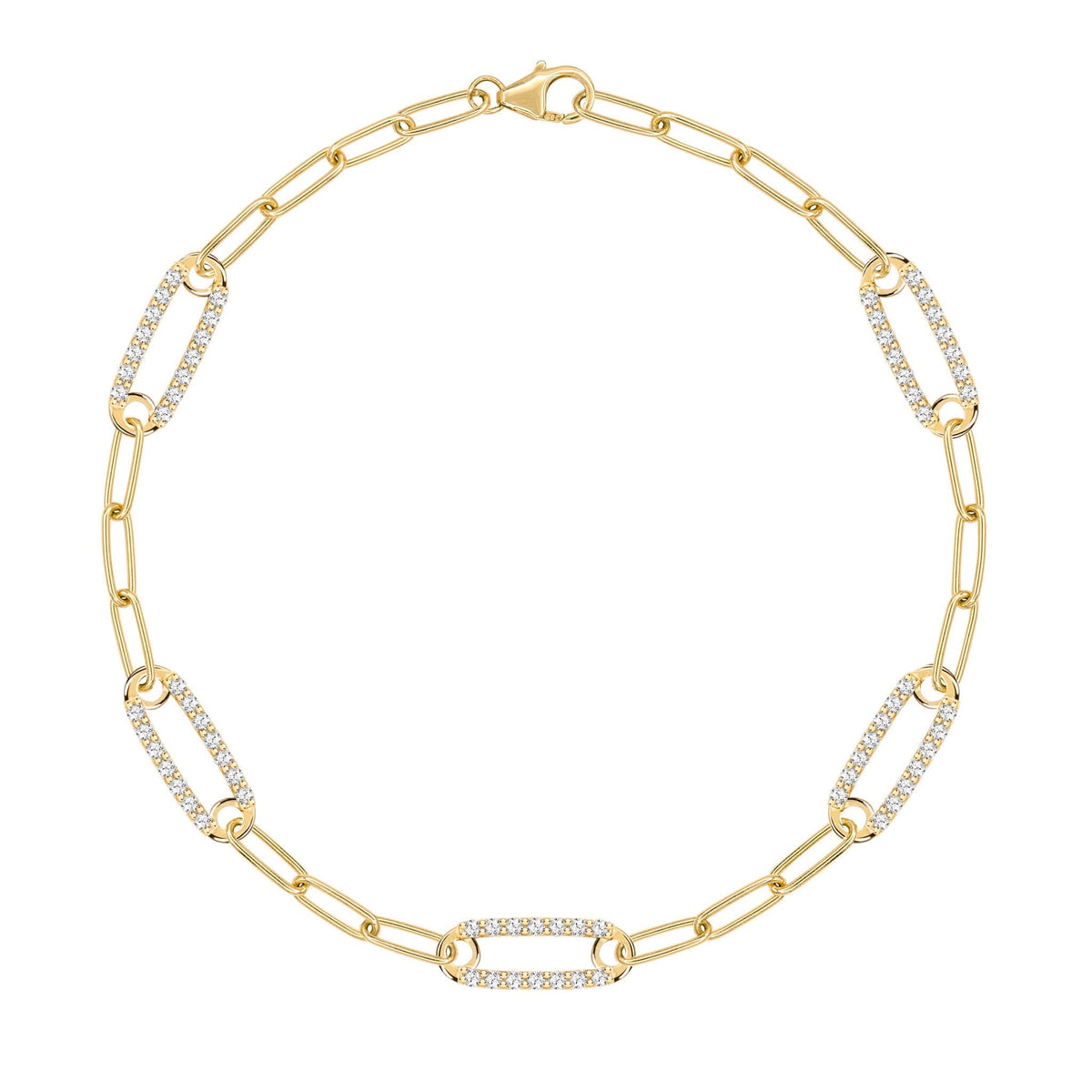 14k yellow gold Adelaide paperclip chain bracelet featuring five links encrusted with 1.5 mm pavé white topaz - front view