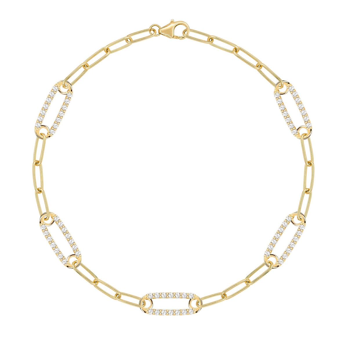 14k yellow gold Adelaide paperclip chain bracelet featuring five links encrusted with 1.5 mm pavé diamonds - front view