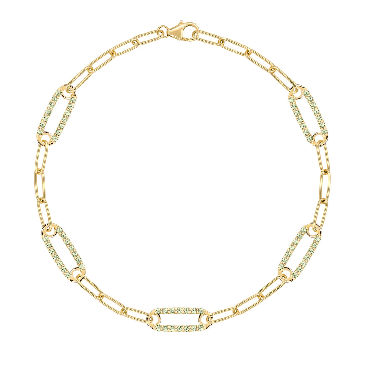 14k yellow gold Adelaide paperclip chain bracelet featuring five links encrusted with 1.5 mm pavé peridots - front view