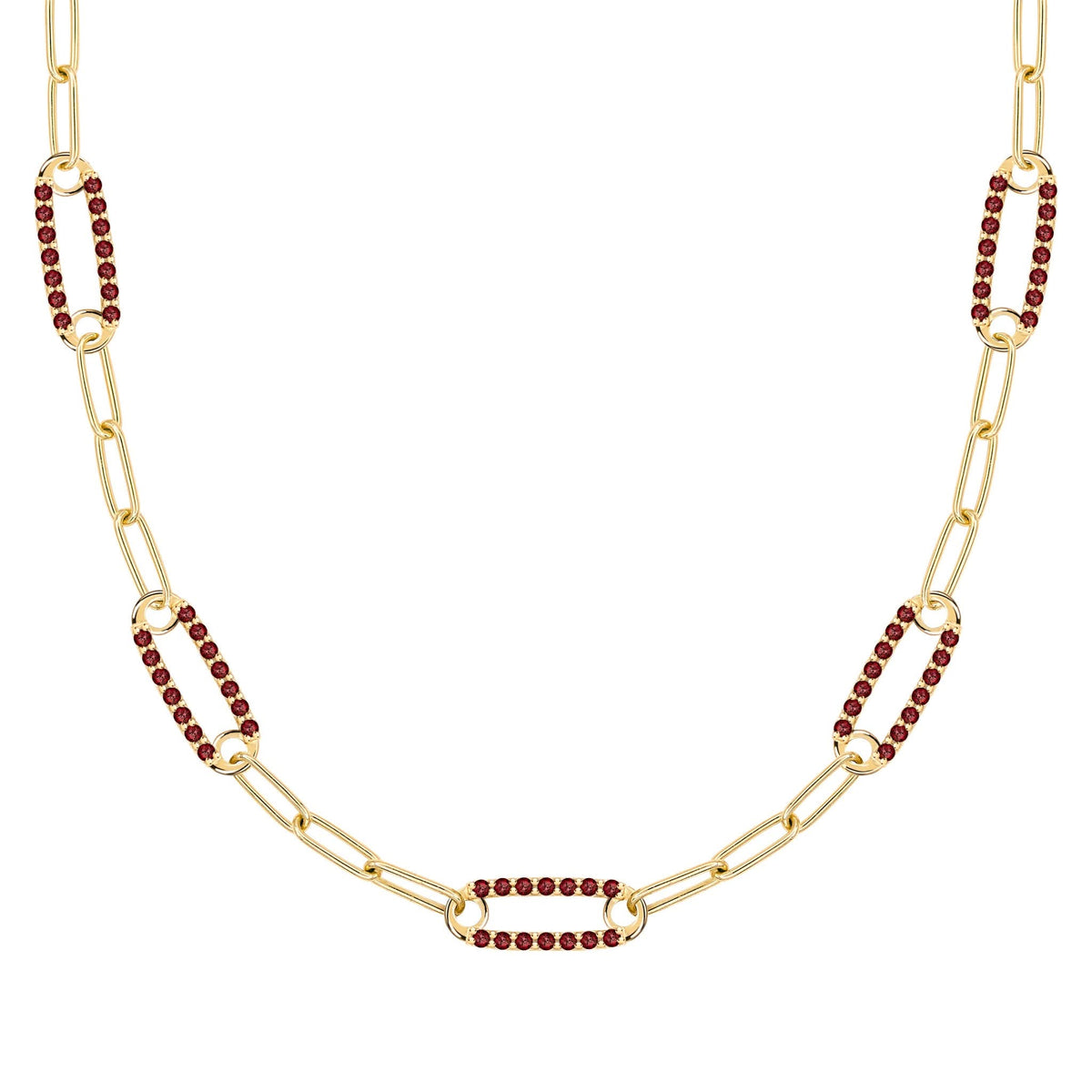 14k yellow gold Adelaide paperclip chain necklace featuring five links encrusted with 1.5 mm pavé garnets - front view