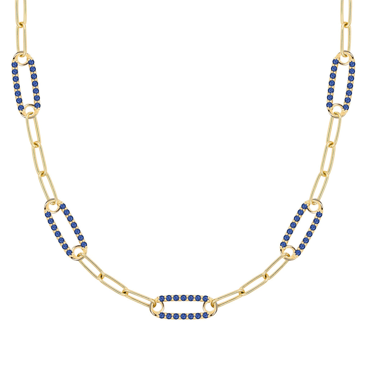 14k yellow gold Adelaide paperclip chain necklace featuring five links encrusted with 1.5 mm pavé sapphires - front view