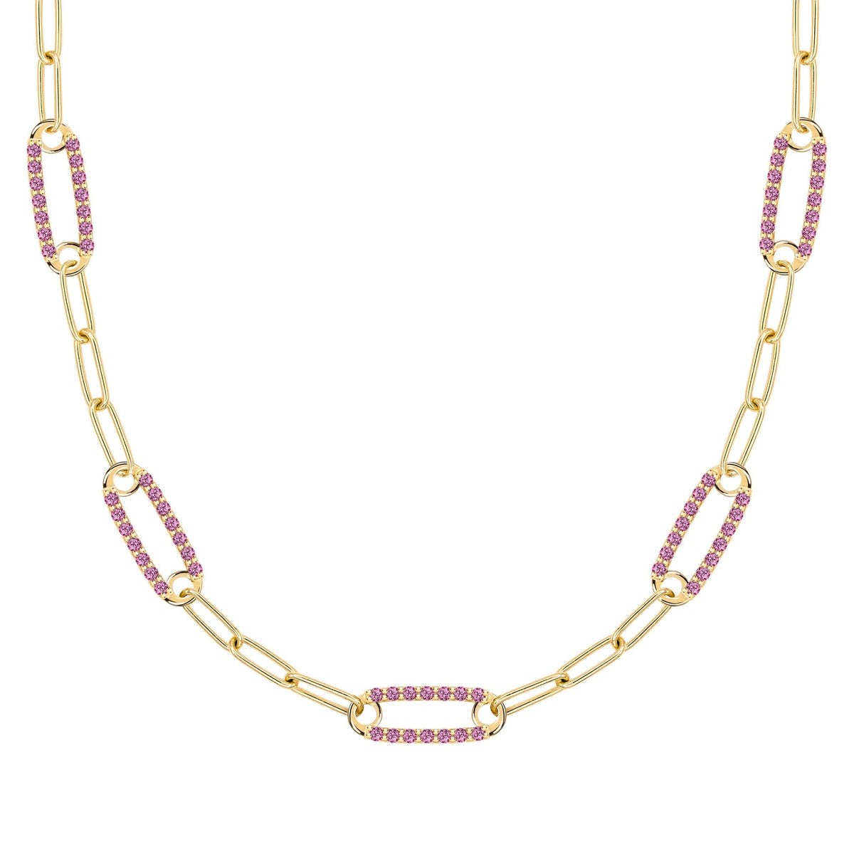 14k yellow gold Adelaide paperclip chain necklace featuring five links encrusted with 1.5 mm pavé pink sapphires - front view