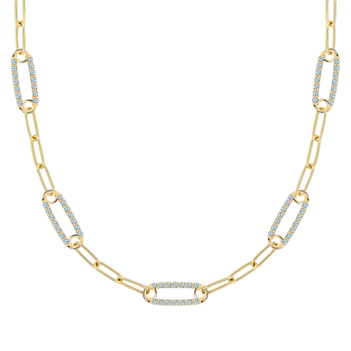 14k gold Adelaide paperclip chain necklace featuring five links encrusted with 1.5 mm pavé Nantucket blue topaz - front view