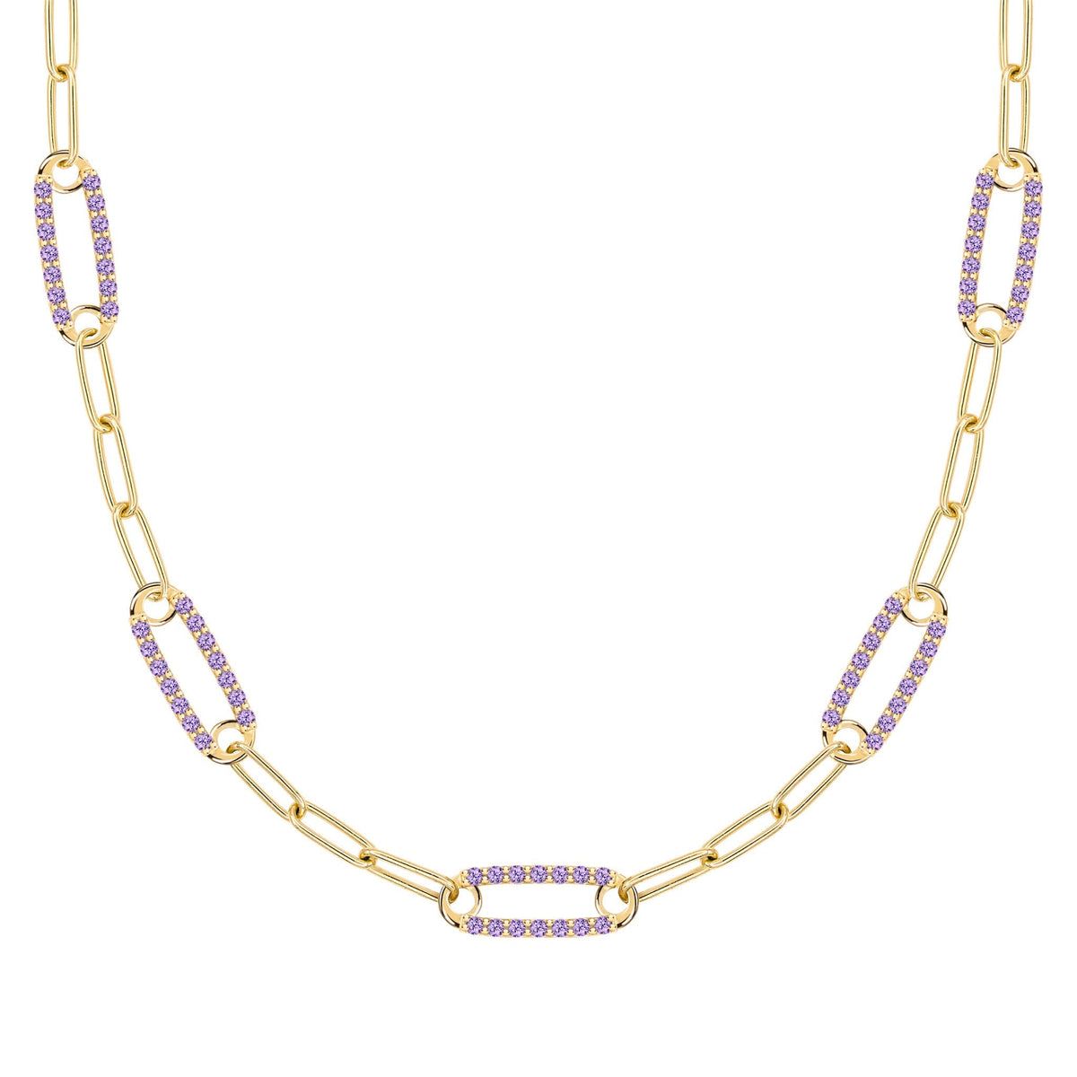 14k yellow gold Adelaide paperclip chain necklace featuring five links encrusted with 1.5 mm pavé amethysts - front view