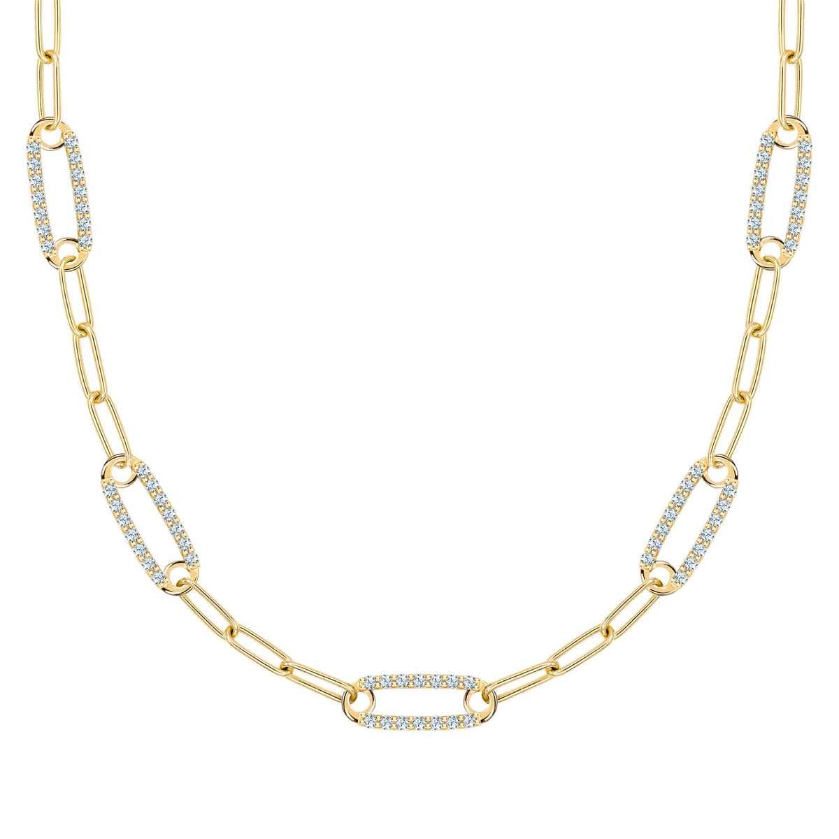 14k yellow gold Adelaide paperclip chain necklace featuring five links encrusted with 1.5 mm pavé aquamarines - front view