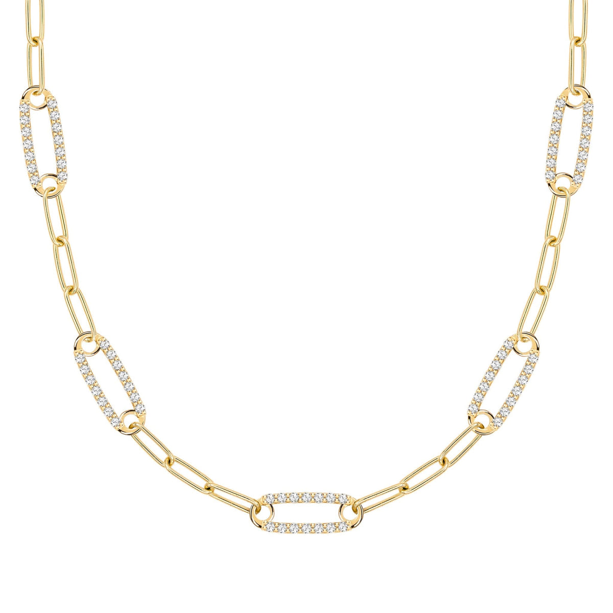 14k yellow gold Adelaide paperclip chain necklace featuring five links encrusted with 1.5 mm pavé white topaz - front view