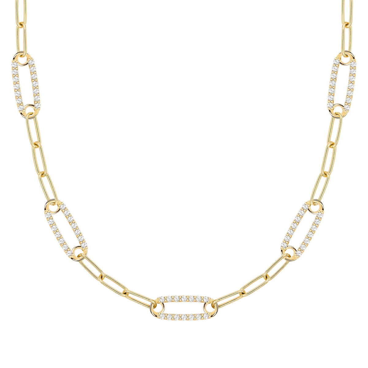 14k yellow gold Adelaide paperclip chain necklace featuring five links encrusted with 1.5 mm pavé diamonds - front view