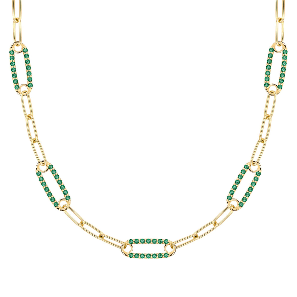14k yellow gold Adelaide paperclip chain necklace featuring five links encrusted with 1.5 mm pavé emeralds - front view