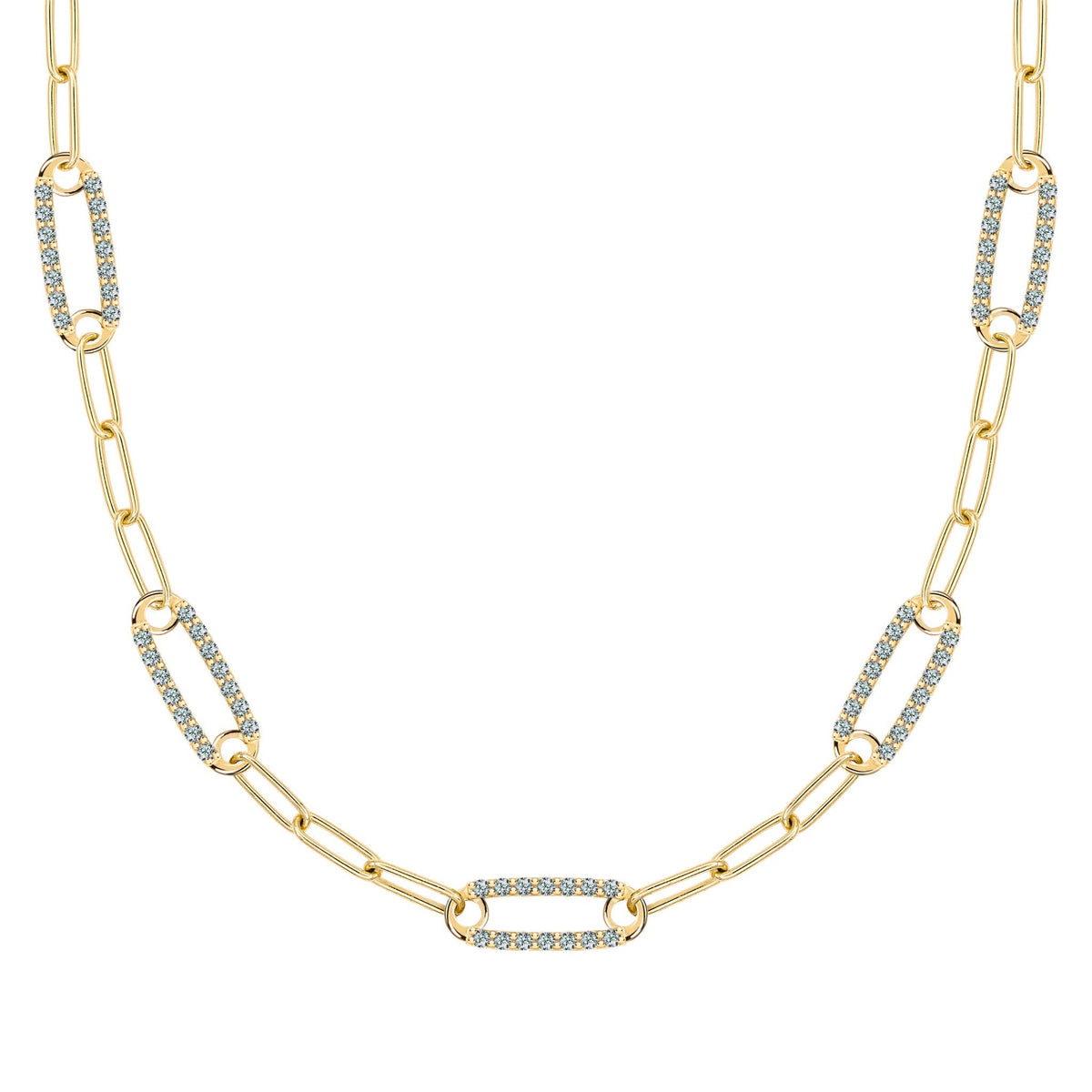 14k yellow gold Adelaide paperclip chain necklace featuring five links encrusted with 1.5 mm pavé alexandrites - front view