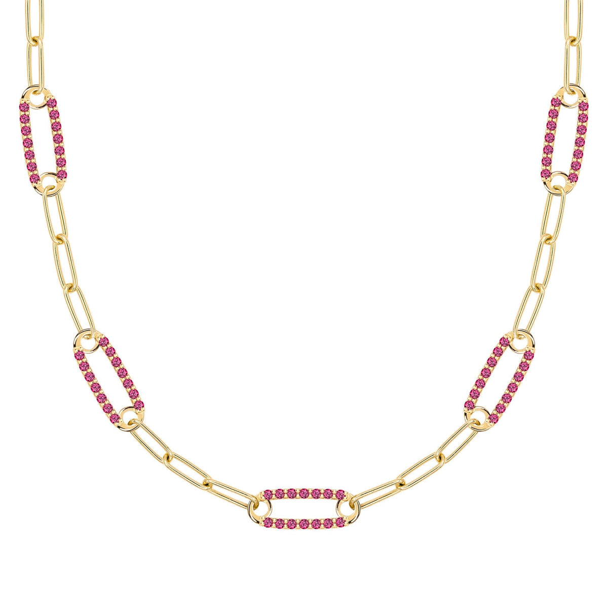 14k yellow gold Adelaide paperclip chain necklace featuring five links encrusted with 1.5 mm pavé rubies - front view