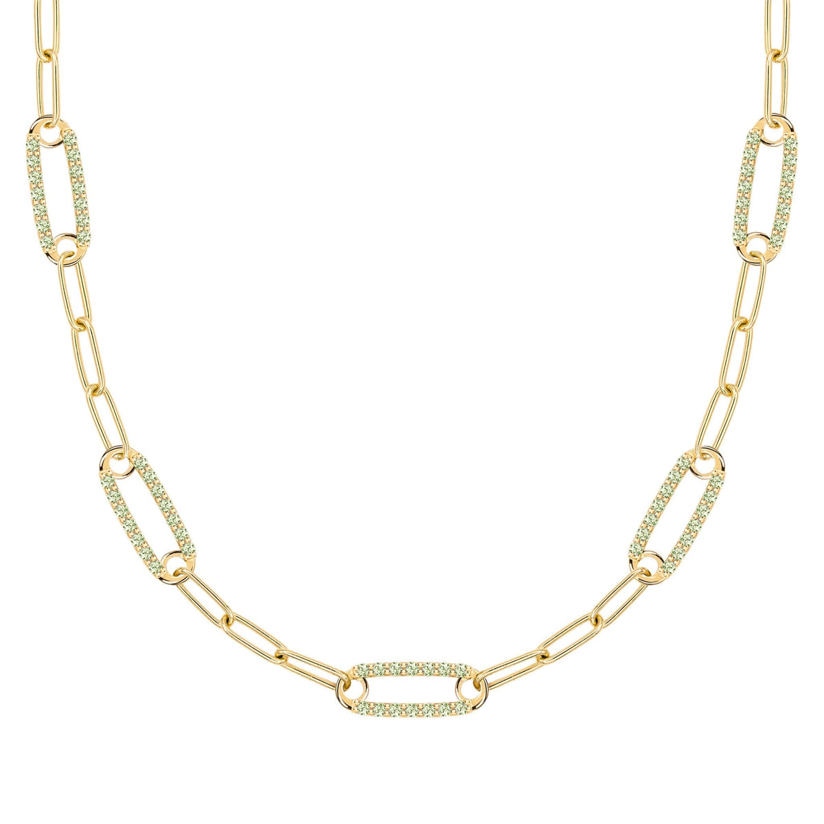 14k yellow gold Adelaide paperclip chain necklace featuring five links encrusted with 1.5 mm pavé peridots - front view