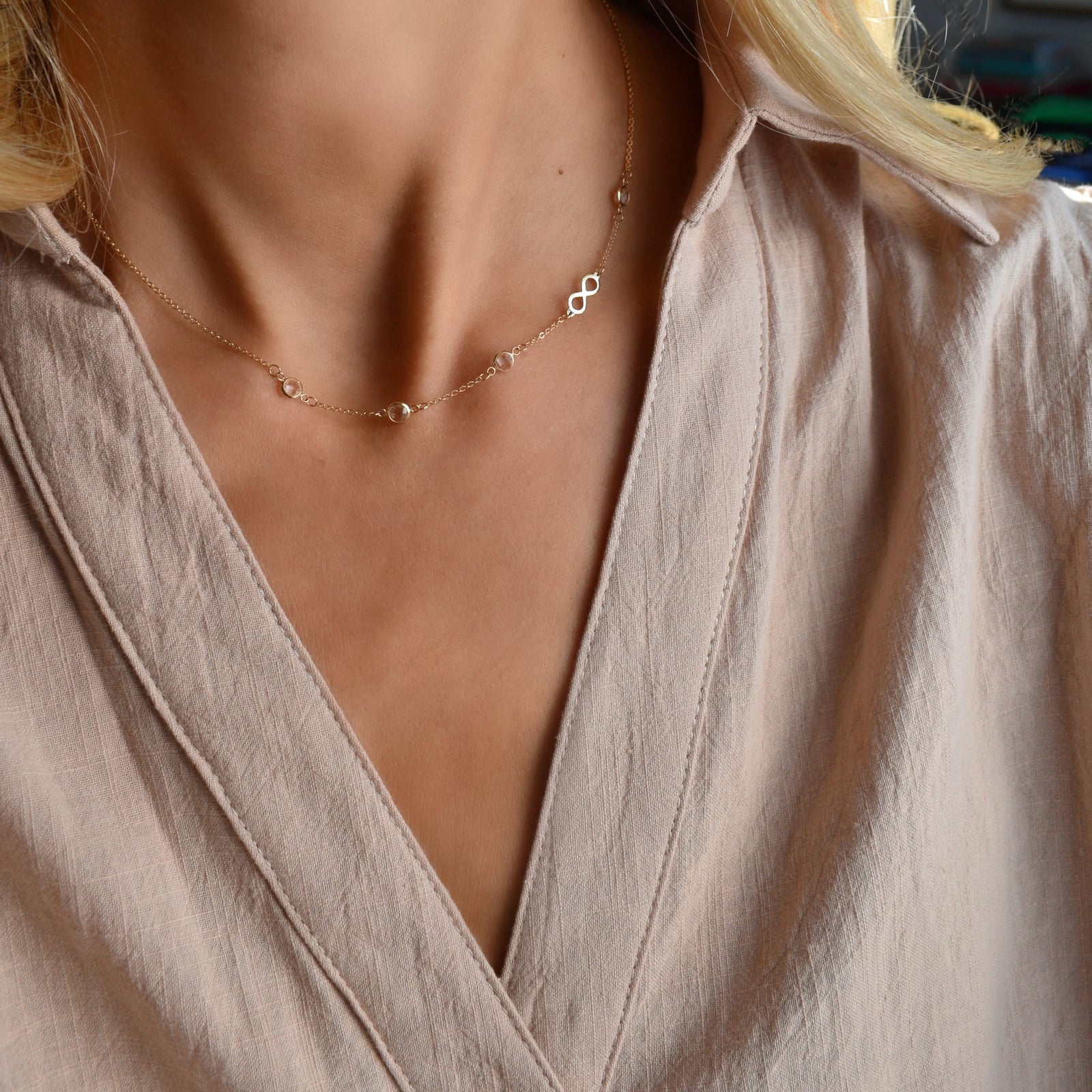 Infinity & Petite 4 Birthstone Necklace in 14k Gold