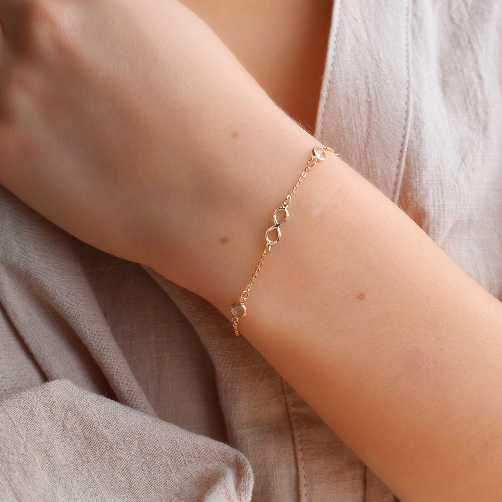 Infinity & Petite 2 Birthstone Bracelet in 14k Gold