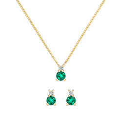 Greenwich Solitaire Emerald & Diamond Necklace and Earrings Set in 14k Gold (May)