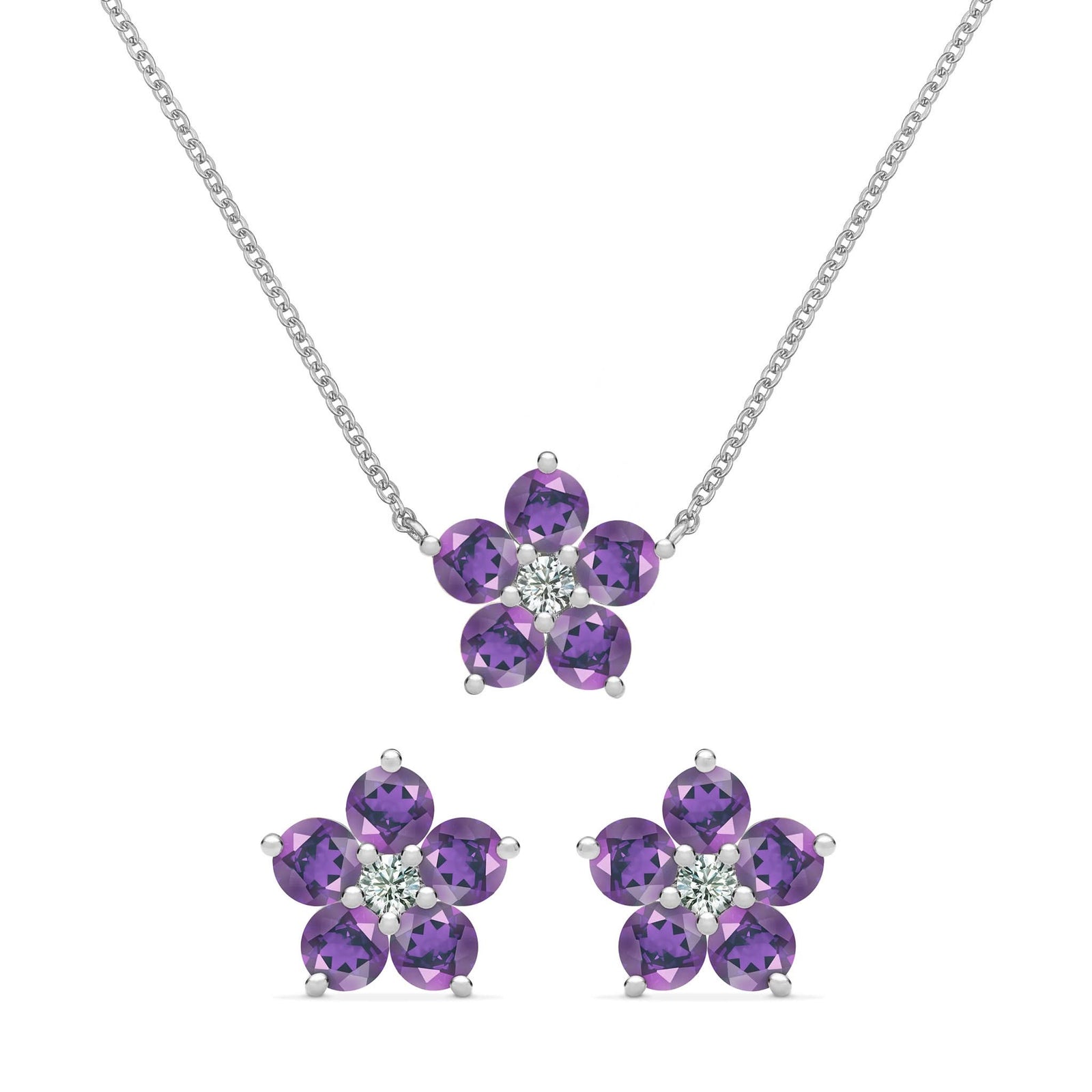 Pair of Greenwich earrings and a necklace in 14k white gold featuring 4 mm amethysts and 2.1 mm diamonds