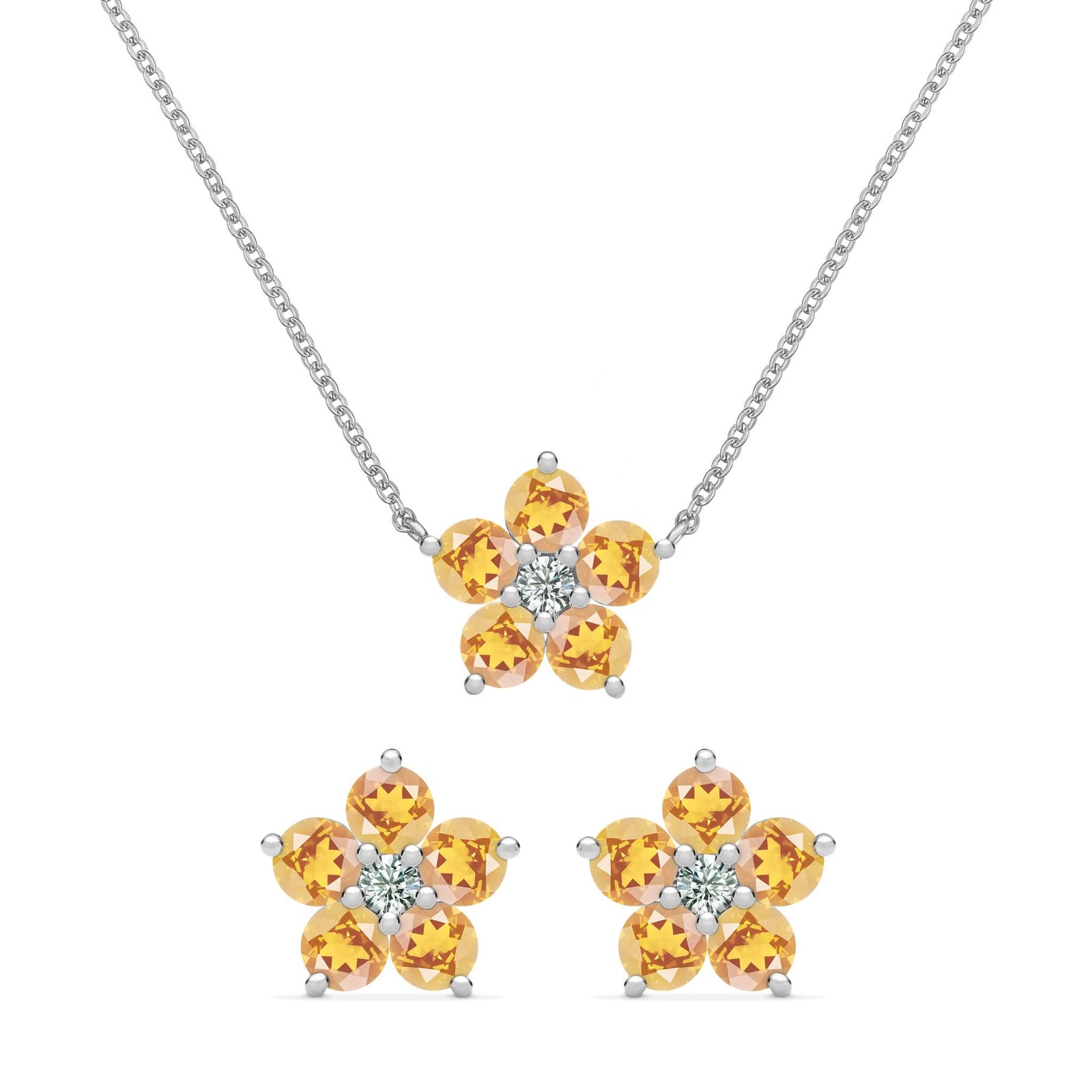 Pair of Greenwich earrings and a necklace in 14k white gold featuring 4 mm citrines and 2.1 mm diamonds