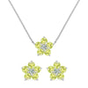 Pair of Greenwich earrings and a necklace in 14k white gold featuring 4 mm peridots and 2.1 mm diamonds