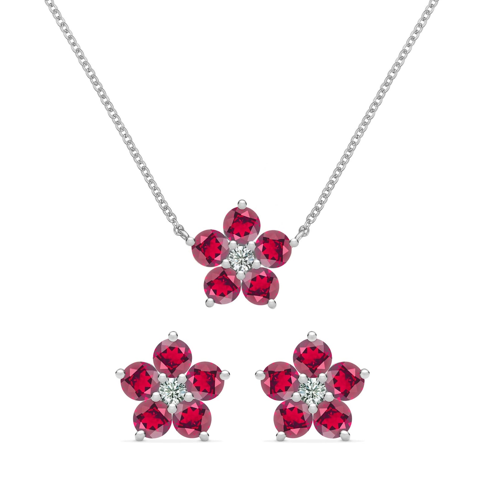 Pair of Greenwich earrings and a necklace in 14k white gold featuring 4 mm rubies and 2.1 mm diamonds