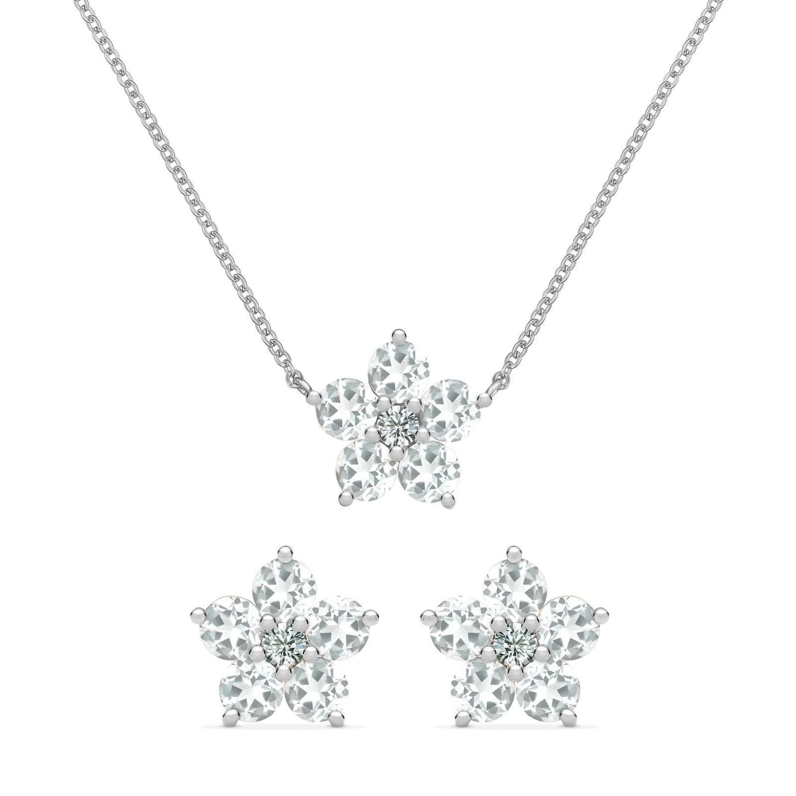 Pair of Greenwich earrings and a necklace in 14k white gold featuring 4 mm white topaz and 2.1 mm diamonds