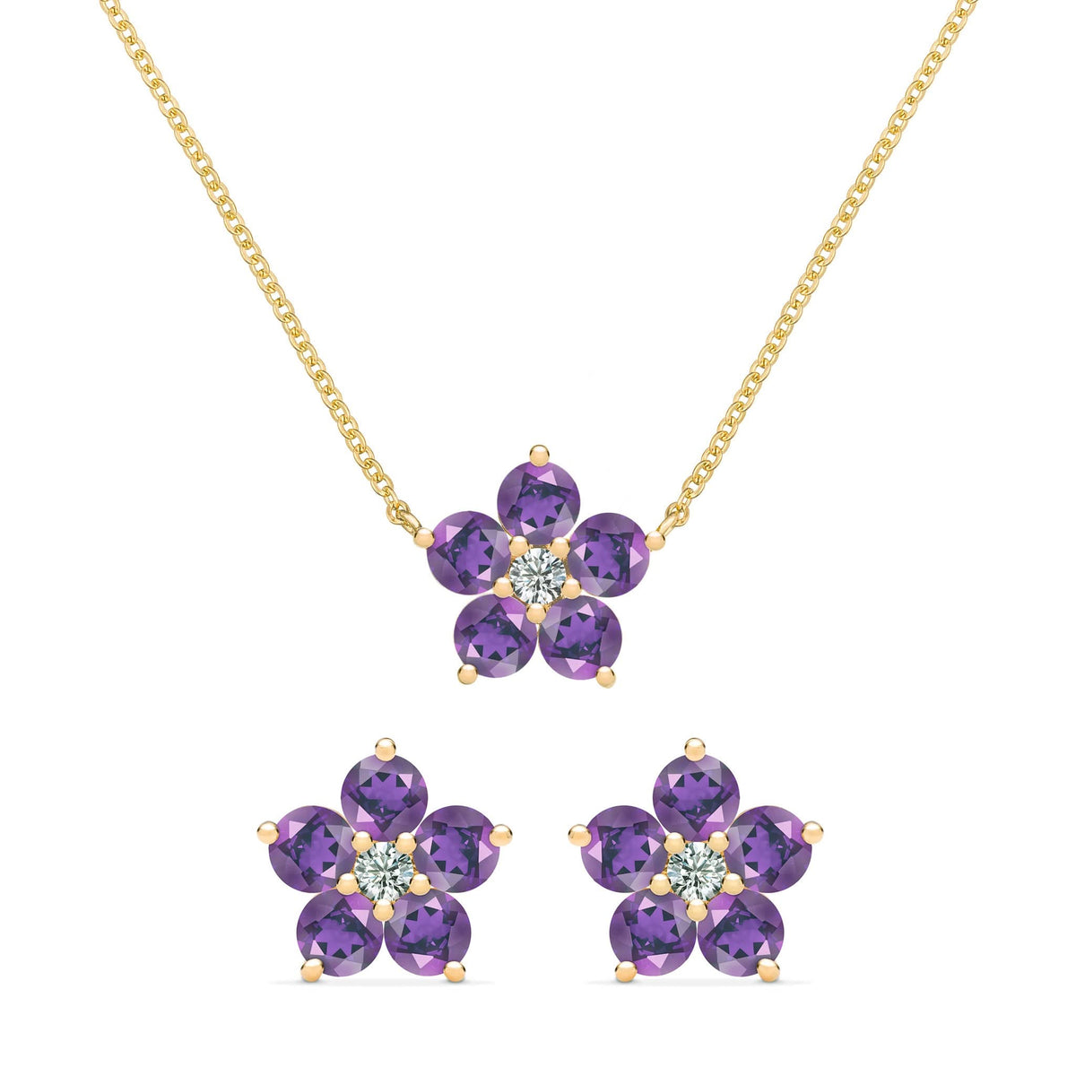 Pair of Greenwich earrings and a necklace in 14k gold featuring 4 mm amethysts and 2.1 mm diamonds - front view
