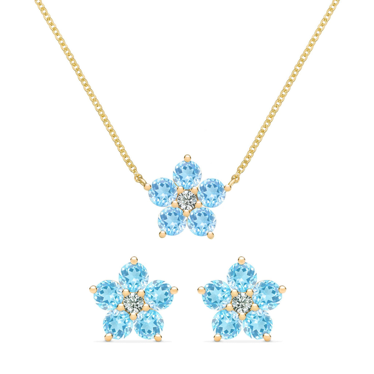 Pair of Greenwich earrings and a necklace in 14k gold featuring 4 mm Nantucket blue topaz and 2.1 mm diamonds - front view