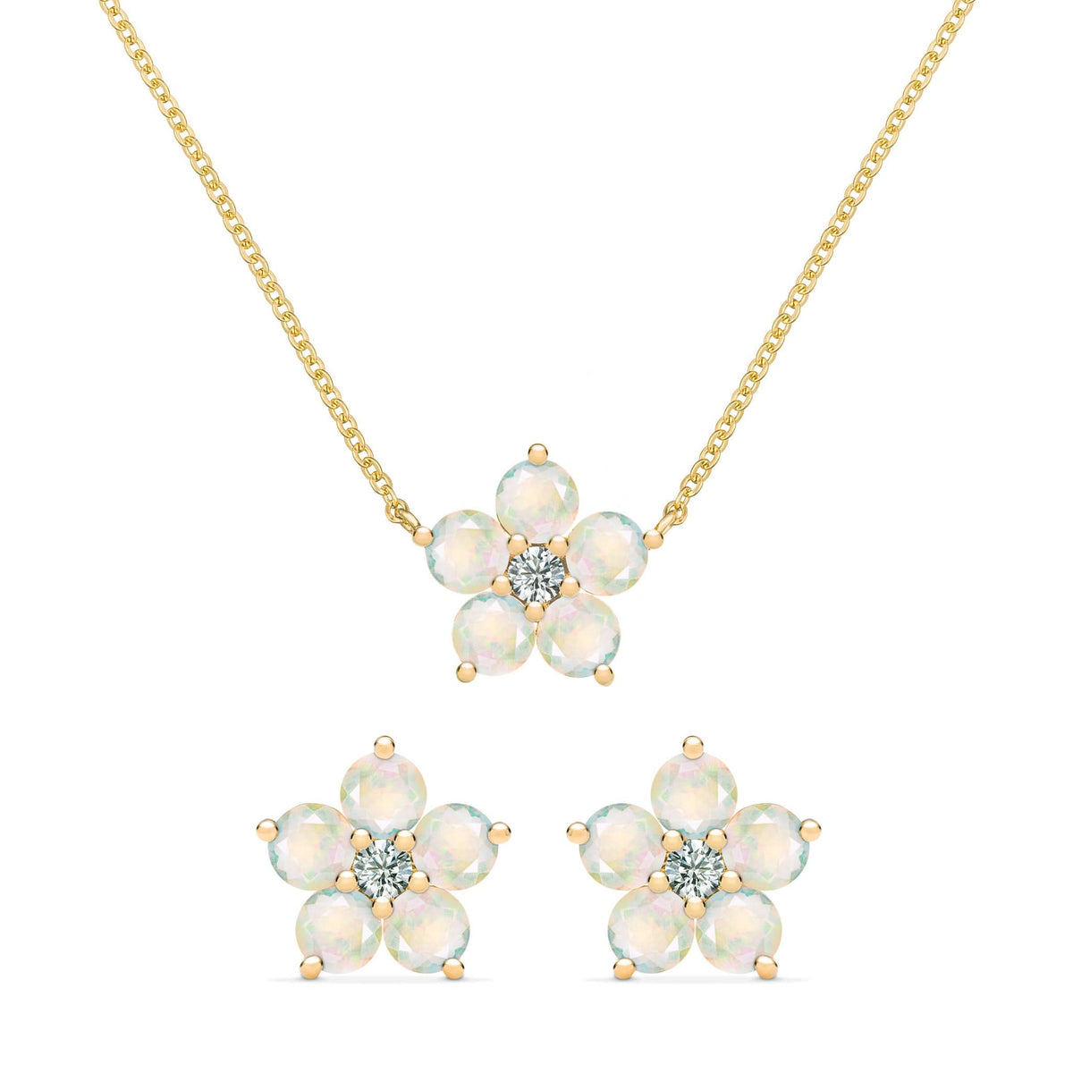 Pair of Greenwich earrings and a necklace in 14k yellow gold featuring 4 mm opals and 2.1 mm diamonds - front view
