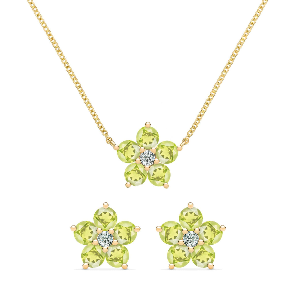 Pair of Greenwich earrings and a necklace in 14k gold featuring 4 mm peridots and 2.1 mm diamonds - front view